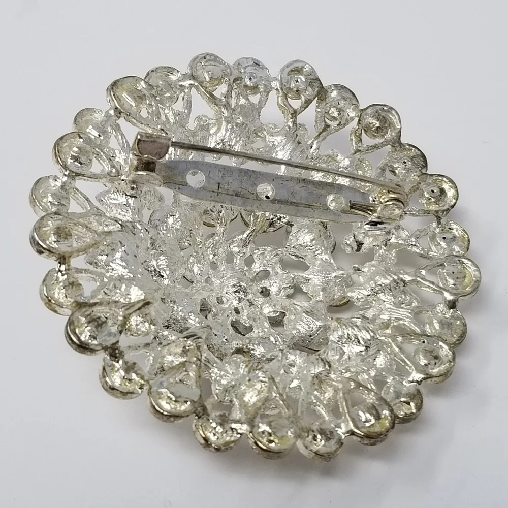 Large Clear Rhinestone Brooch Tiered Silver Tone Round 3D Flower Pin Teardrop